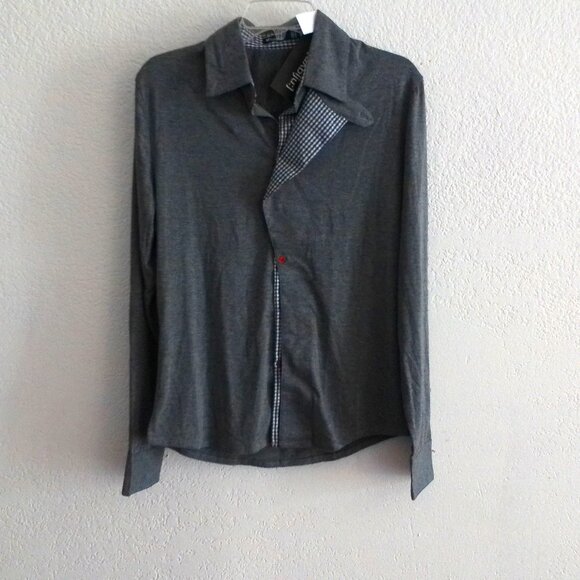 W[d^blju:], men's gray button-up long sleeve shirt with blue/white plaid design - Picture 3 of 7